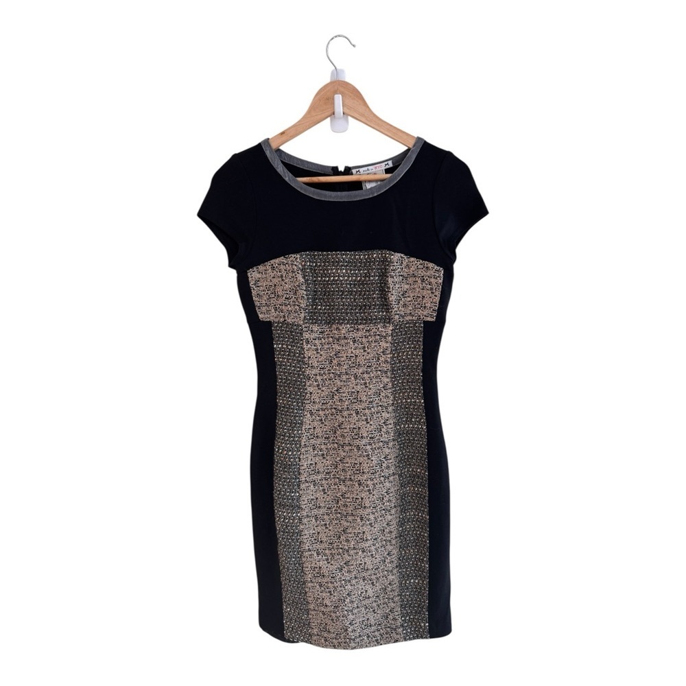 Yoana Baraschi Silver Black Tweed Panel Knee Length Cap Sleeve Womens Size 2